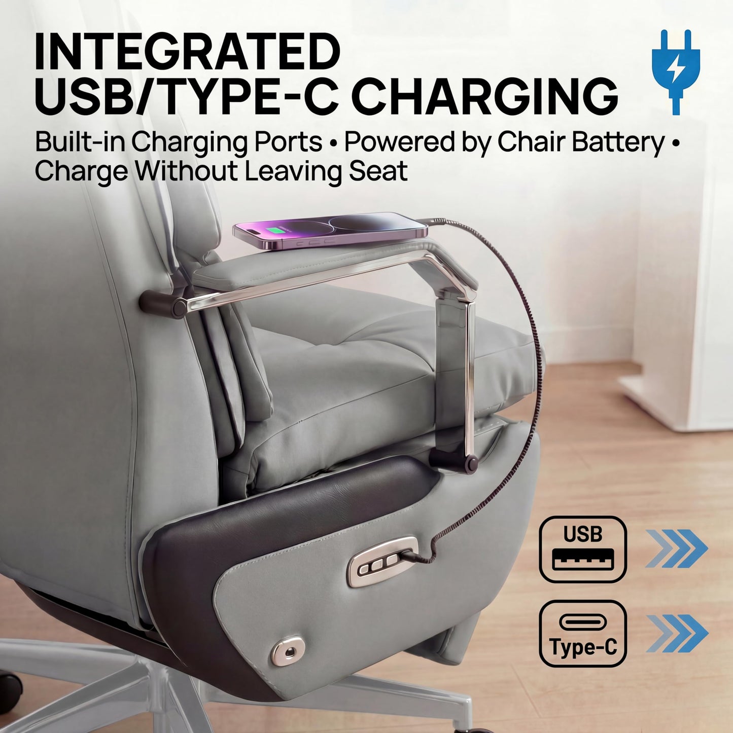 Dual Motor Executive Reclining Office Chair with Footrest – One-Click Electric Recline, Massage Lumbar Support & Pillow, Big and Tall PU Leather Ergonomic Desk Chair for Home Office/Gaming(Gray)