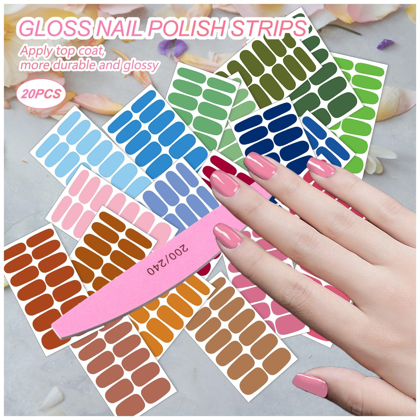 SILPECWEE Nail Polish Strips (20 Sheets, Bright Color), Nail Polish Stickers Full Nail Wraps Self Adhesive Nail Stickers Gel Strips Fingernail Sticker Nails for Women with File