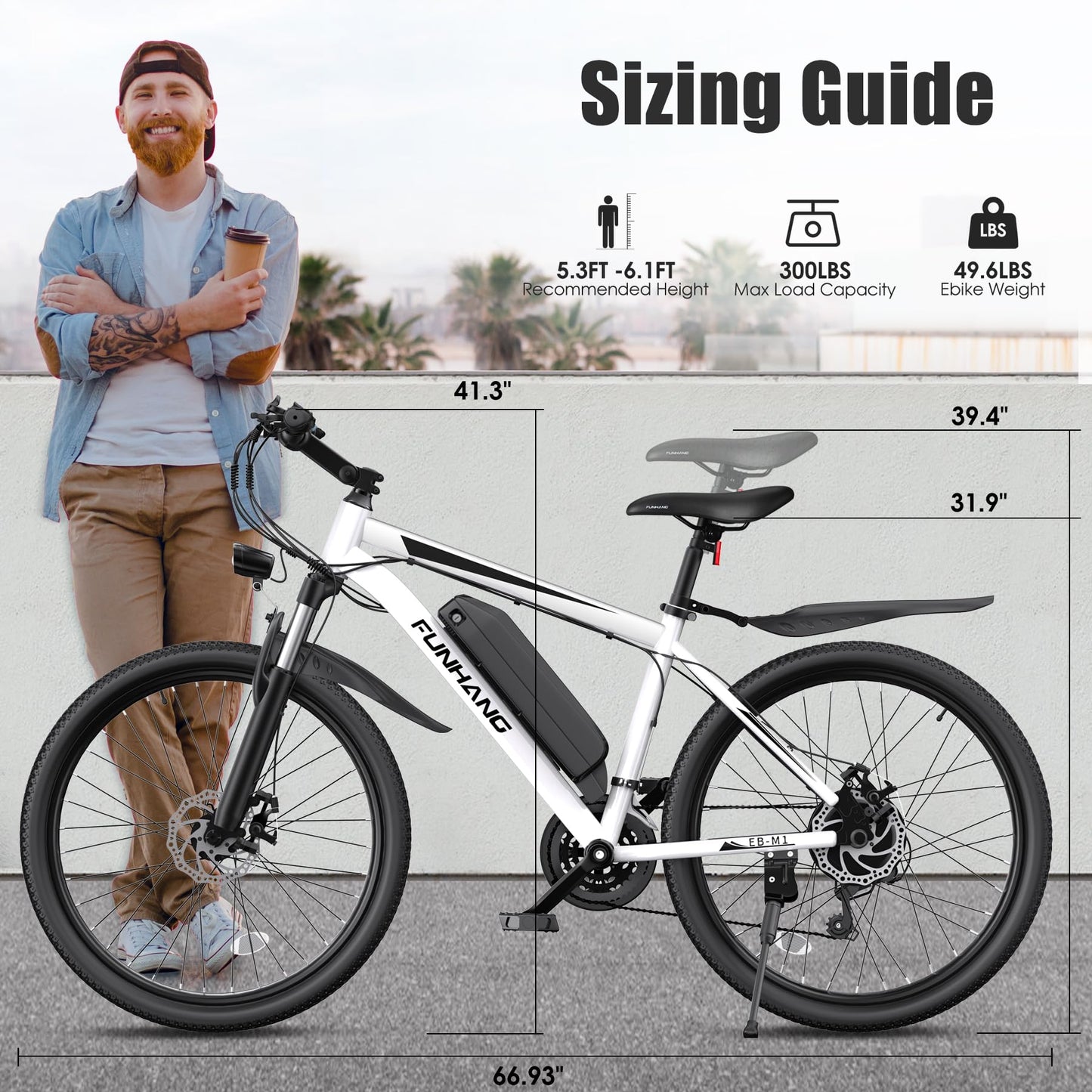 Funhang Electric Bike for Adults, 1000W Peak Ebike, 50Miles 21.7MPH Electric Mountain Bike, 26" Adult Electric Bicycle with 48V Removable Battery, Fenders,7 Speed, Front Suspension, UL 2849 Certified