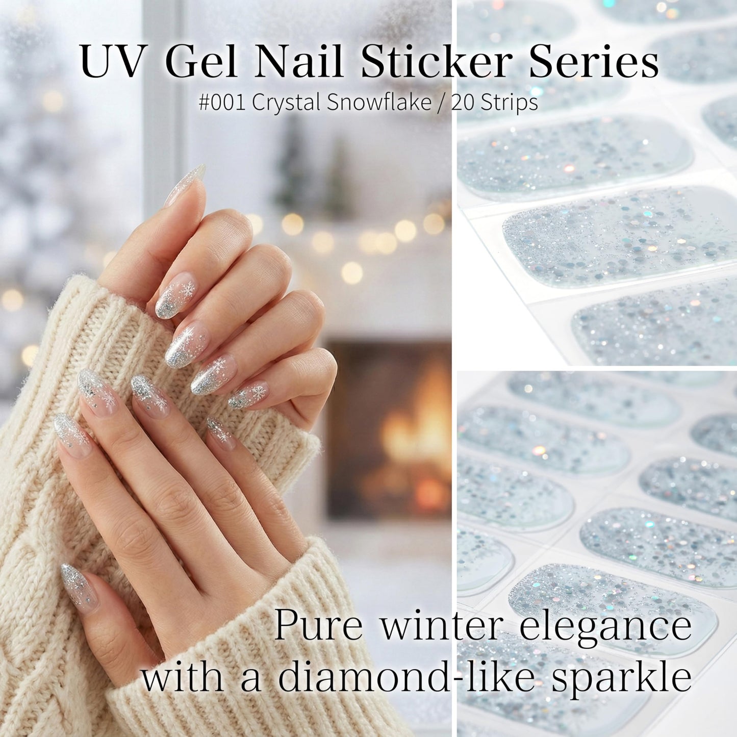 Sun&Beam Nails Nail Stickers 20pcs | UV-Cured Hard-Type Full Cover Nail Strips（#001 Crystal Snow）