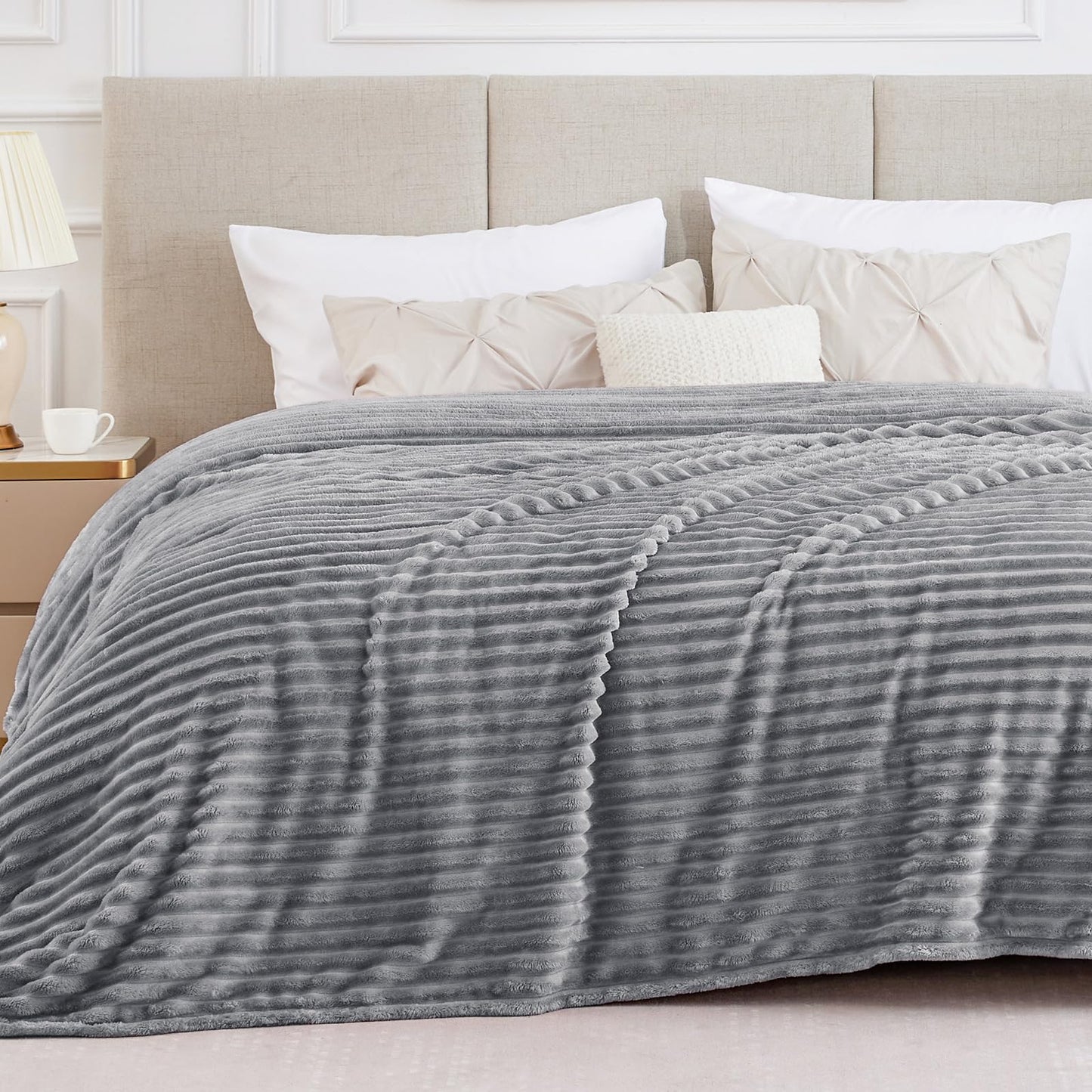 BEDELITE Fleece Throw Blanket for Couch - 300GSM Soft & Warm Fluffy Cream White Blanket, Decorative and Giftable Striped Blankets for Women, Men, 50"x60"