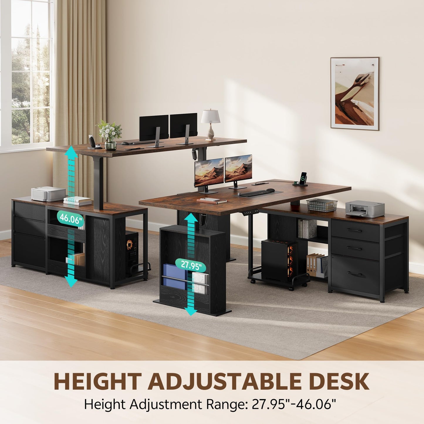 Homiflex 63 Inch L Shaped Desk with 3 Drawers Electric Standing Desks with Storage Computer Table Adjustable Height with Power Outlets 4 Memory Presets for Home Office, Rustic Brown