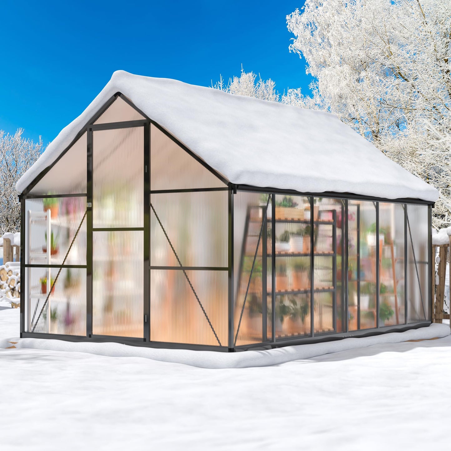AirWire 8×12 FT Greenhouse for Outdoors, Quick Setup Polycarbonate Greenhouse with Roof Vent, Walk in Green Houses for Outside for Outdoor Garden Backyard, Black