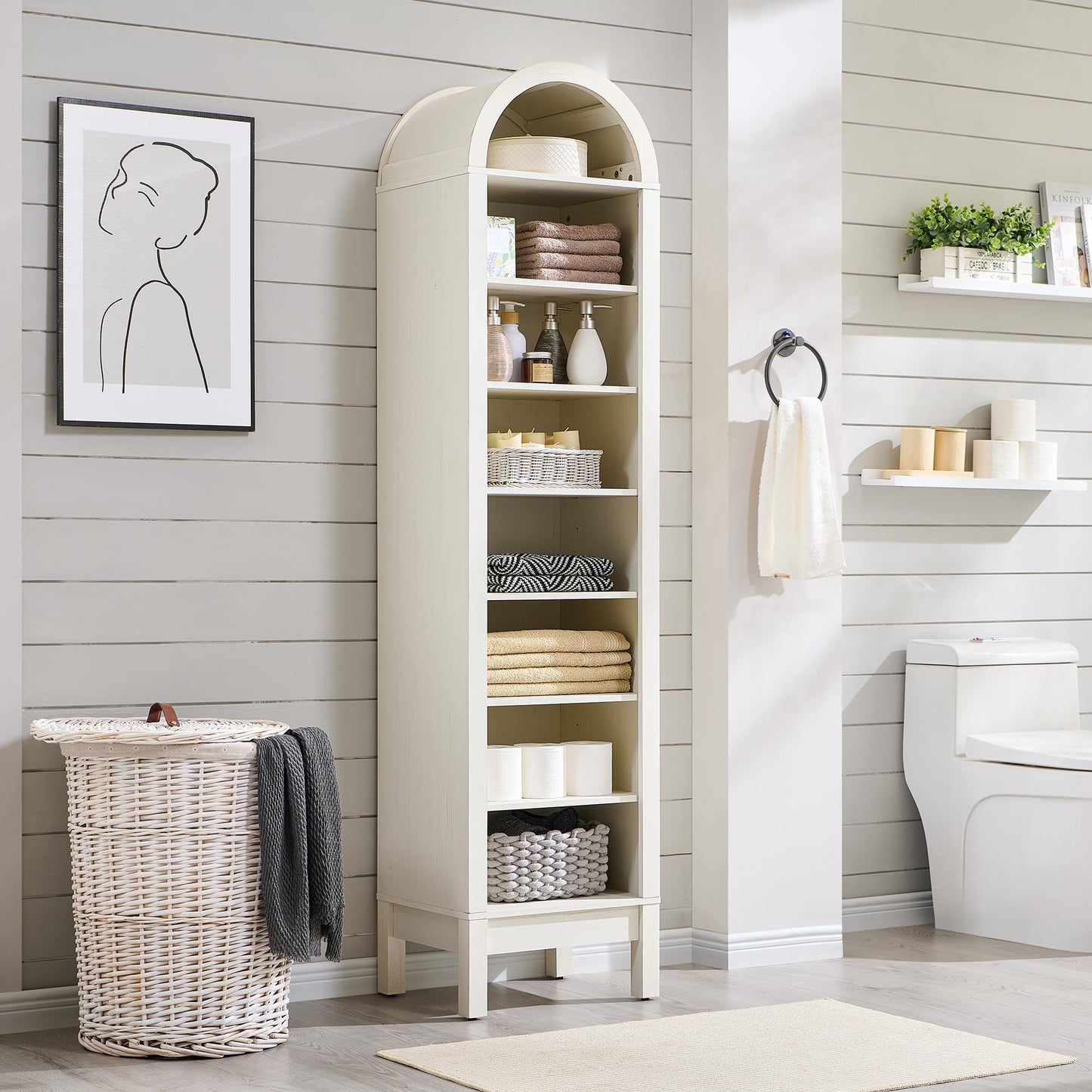 IFGET 71" Tall Arched Bookshelf, 8 Tiers Arch Bookcase with Storage, Modern Farmhouse Book Shelf with Adjustable Shelves, Wood Bookshelf w/Open Display Shelves for Living Room, Office (Antique White)