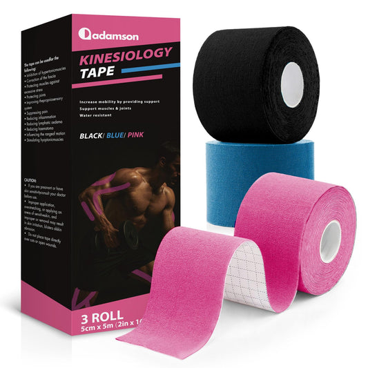 Adamson Kinesiology Tape – Sports & Athletic Tape 2 in x 16 ft – Elastic, Latex-Free, Water-Resistant Muscle Support Tape – 3 Rolls (Black, Blue, Pink) – for Training & Recovery