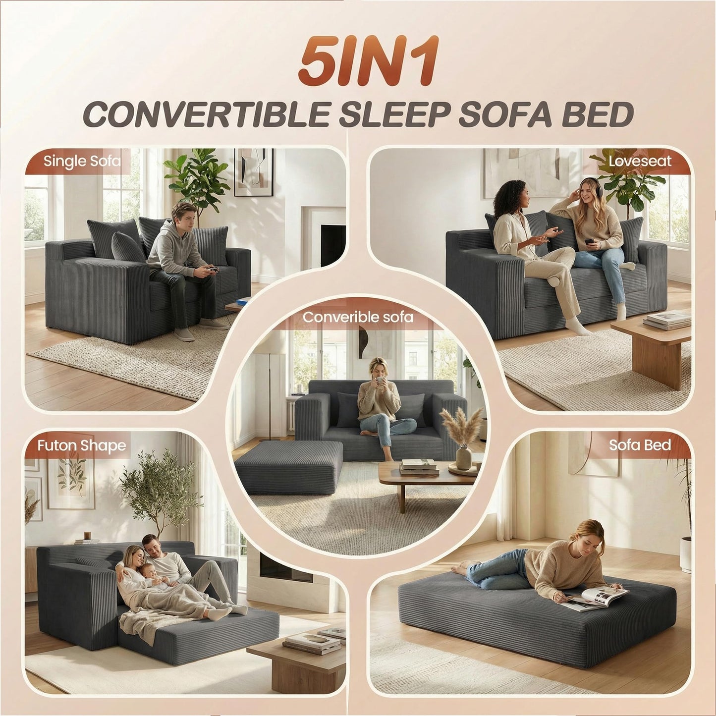 AOLVDOW Convertible Sofa Bed, 5 in 1 Small Boneless Couch Pull Out Loveseat Sleeper Sofa,Corduroy Futon Couch Folding Mattress with 4 Pillows for Living Room Bedroom Lounge (No Assembly)