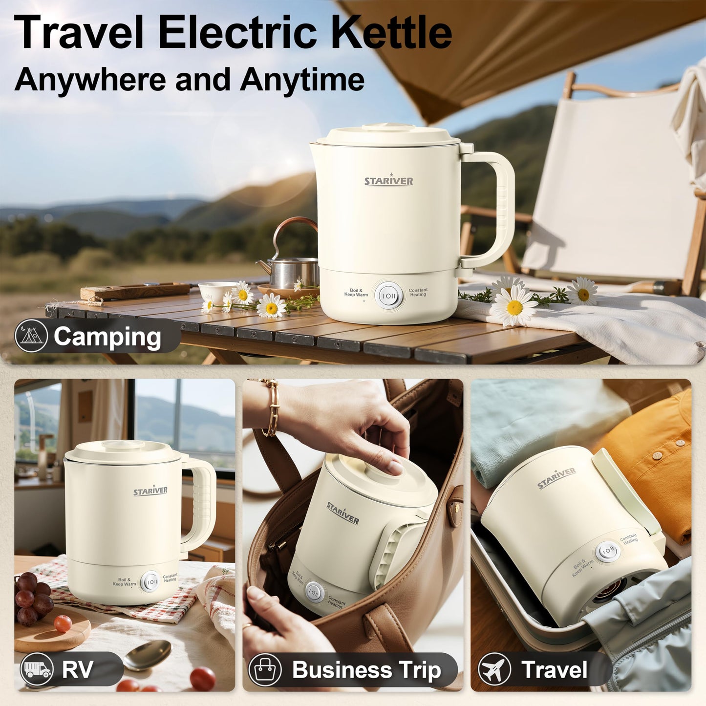 Stariver Portable Travel Kettle, 600ML Small Electric Kettle with Foldable Handle, Food Grade Stainless Steel Collapsible Water Boiler with Dual Modes, Compact for RV, Business Trip, Camping, Beige