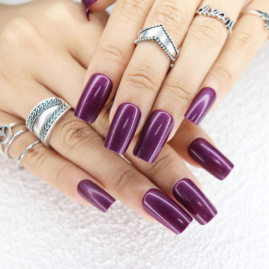 MISUD Press on Nails - Medium Square Fake Nails with Chrome, Acrylic Purple Design 24 pcs