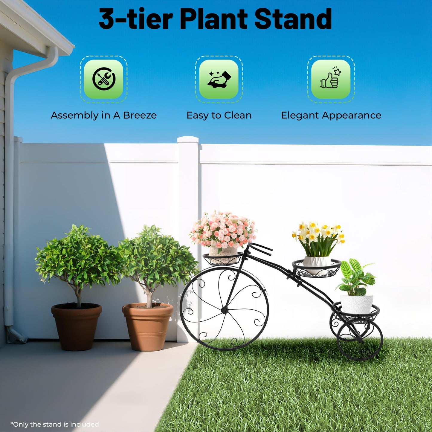 YUASDUU Tricycle Plant Stand, 3 Tier Flower Pot Cart Holder Metal Bicycle Planter Parisian Style Flower Display Stand Cart for Home Decor Patio Garden Flower Shop Indoor Outdoor