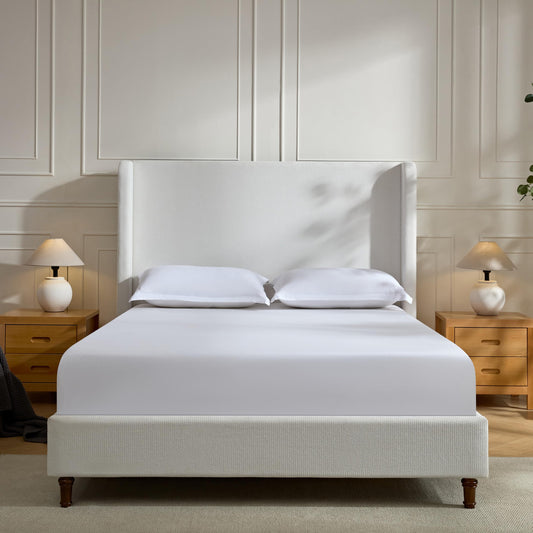 GDFStudio Tall Headboard Upholstered Bed,Queen Size Platform Bed Frame with Headboard Wingback,54" High No Box Spring Needed Easy Assembly Elegant Simplicity Cream White Chenille
