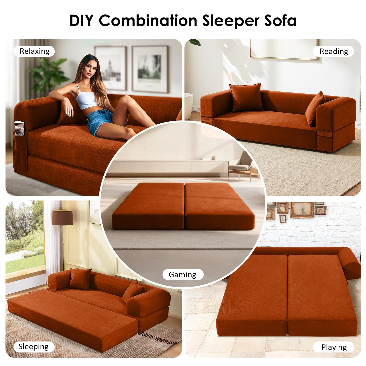 80" Convertible Sofa Bed, 3-in-1 Corduroy Folding Pull Out Couch with Pillows, No Assembly Modern Boneless Couch Compression Sofa in Box, Floor Sofa with Side Storage Pocket for Living Room, Orange