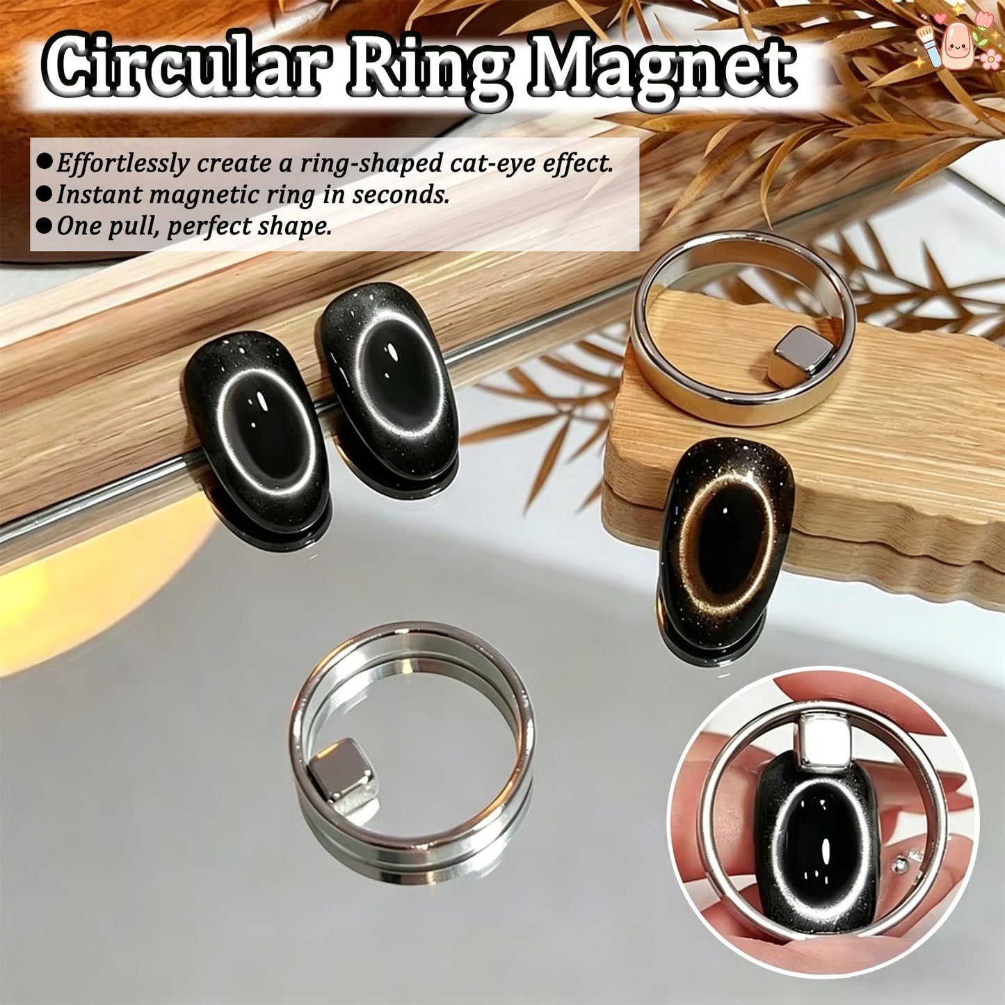 New Ring-Shaped Cat Eye Magnet for Nails, Hollow Cat Eye Magnet, Cat Eye Magnet Ring, Y & Rings Magnet(Wide Beam, Heart, French), Portable Hollow Circular Cat Eye for Home Salon DIY Manicure (1 Set)