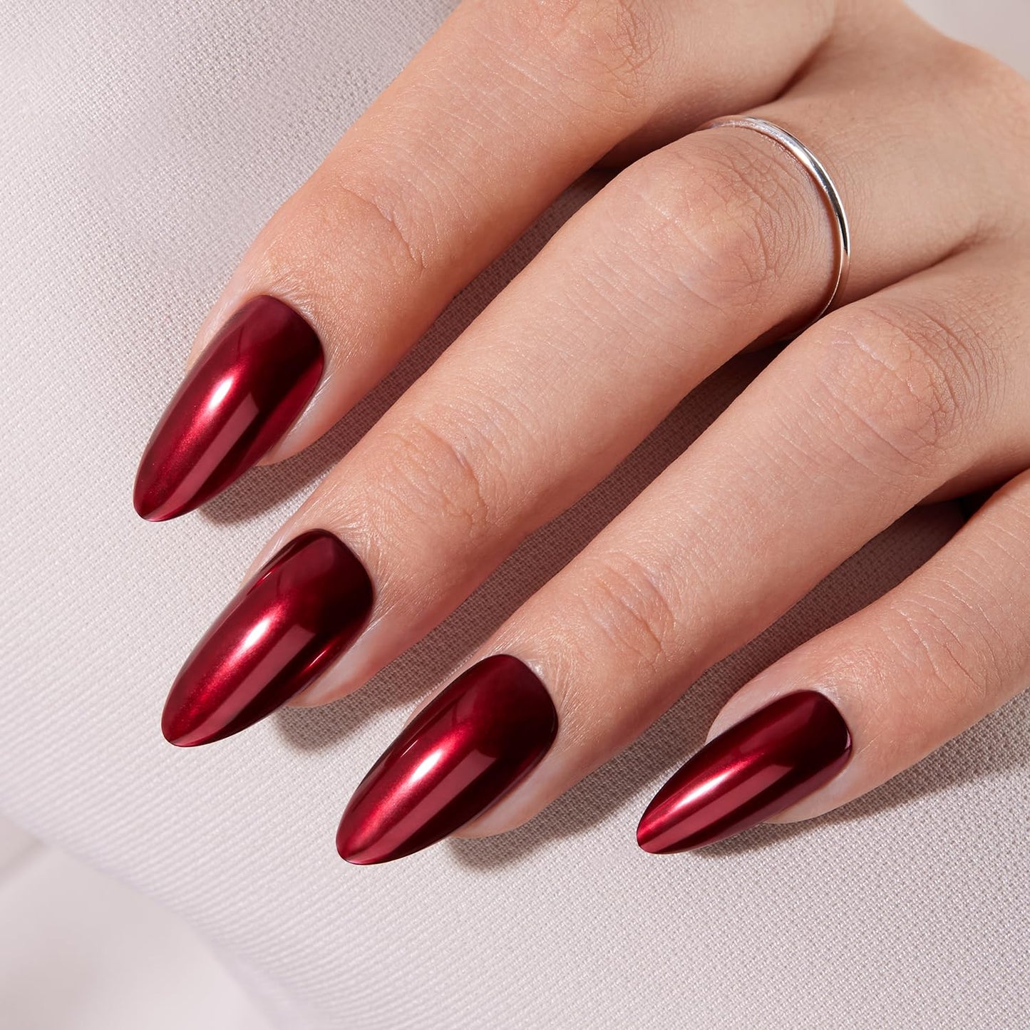 VSALON Press On Nails Almond, 32 Pcs 16 Sizes Red Press On Burgundy Chrome Metallic Medium Fake Nails With Glue & Cuticle Oil, Reusable Stick On Nails False Nails Kit
