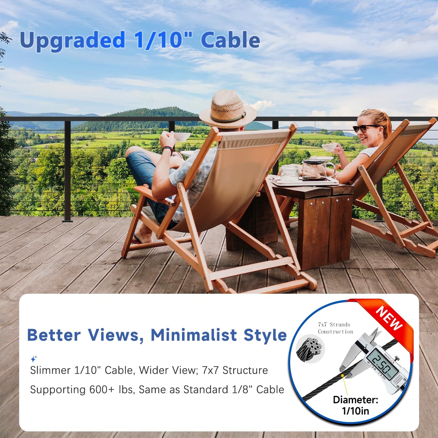 Zylorix Modular Swageless 8-20FT Complete Set 36" Cable Railing Post Kit, 3Pack Black Level Drilled Line Posts(35"x2"x2"), Patent Reusable Deck Cable Railing System Kit, 1/10" Wire Rope(No Handrail)