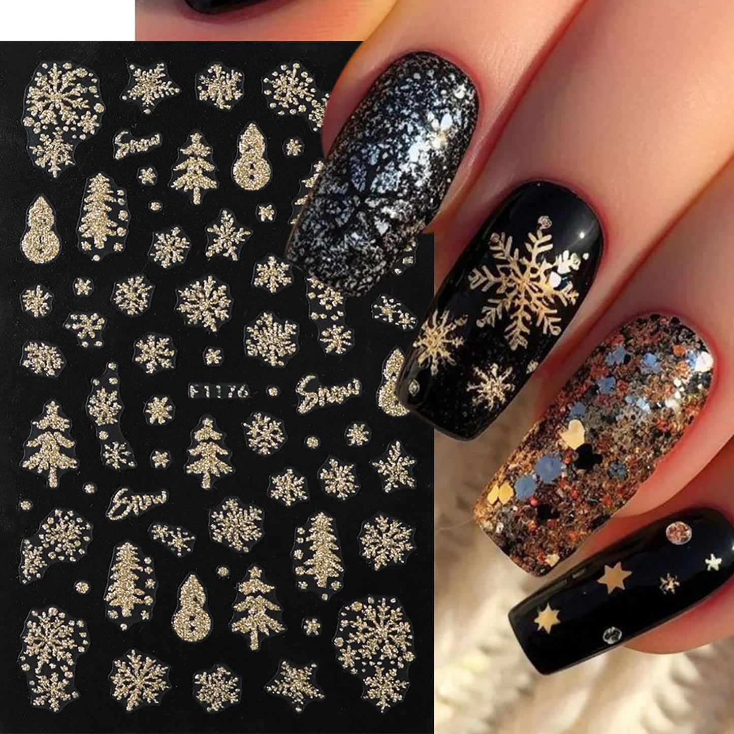 Christmas Gold Nail Art Stickers Cute Snowman Elk Christmas Trees Nail Decals Holographic 3D Self -Adhesive Golden Glitter Snowflake Nails Stickers Xmas Nails Decoration for Women Featival Manicure