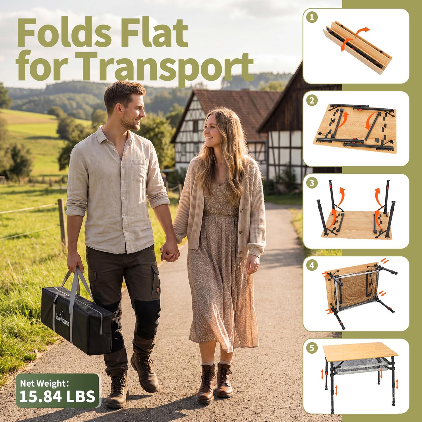 Join Nature Bamboo Camping Table, Adjustable Height Folding Outdoor Table with Aluminum Frame, Portable Camp Table with Carry Bag for Camping, RV, Picnic & Tailgating