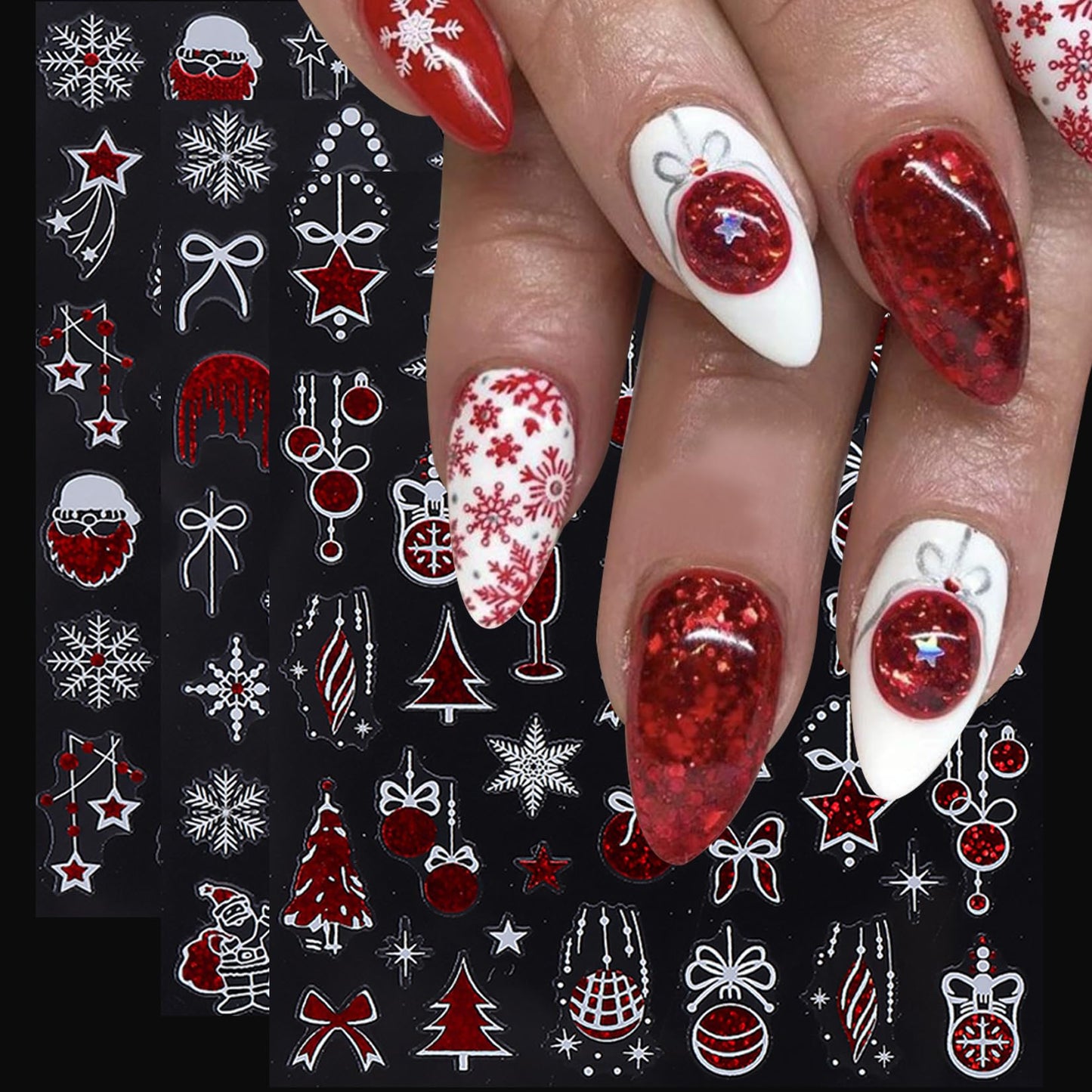 Christmas Holiday Nail Art Stickers 16PCS 3D Santa Claus Deer Decals for Nail Art Seasonal Fingernail Designs White Snowflake Gingerbread Man Self-Adhesive Manicure Decorations Accessories for Women