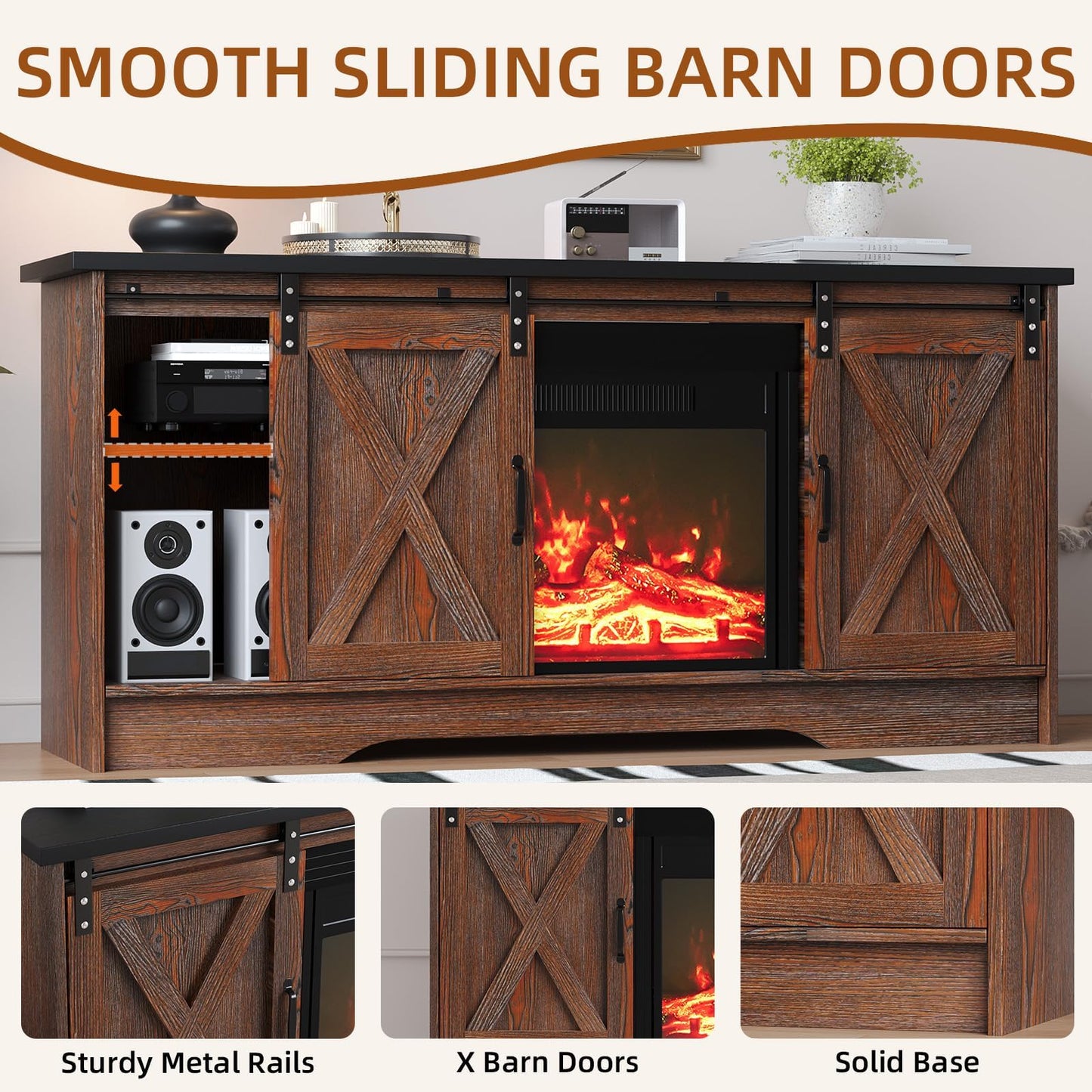 4 EVER WINNER Fireplace TV Stand with Fireplace, Sliding Barn Door, Adjustable Storage Cabinets, Farmhouse Entertainment Center with Fireplace for 65" TV, TV Stands for Living Room, Brown & Black