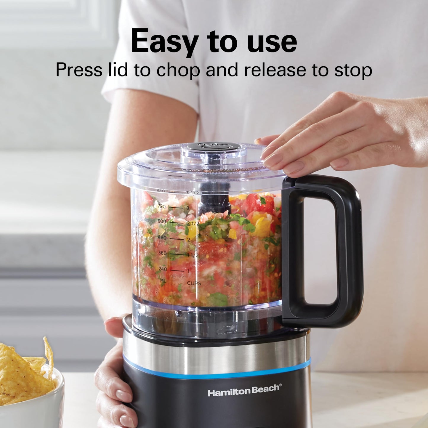 Hamilton Beach Powerful Cordless Mini Food Processor and Vegetable Chopper, 4 Cup Capacity, Fast Recharging, Includes Power Adapter, Chop, Puree, Emulsify, Grind, Dishwasher Safe Bowl, Black (72880)