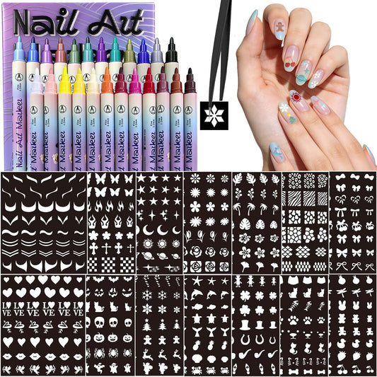 Nail Art Acrylic Marker Pens Stencils Set, 24 Dual Tip Markers + 14 Nail Stencils Heart Lips Flowers Butterfly Nail Stickers for Women Girl, Quick-Dry Nail Art Dotting Pen, DIY Nails Art Design Tools