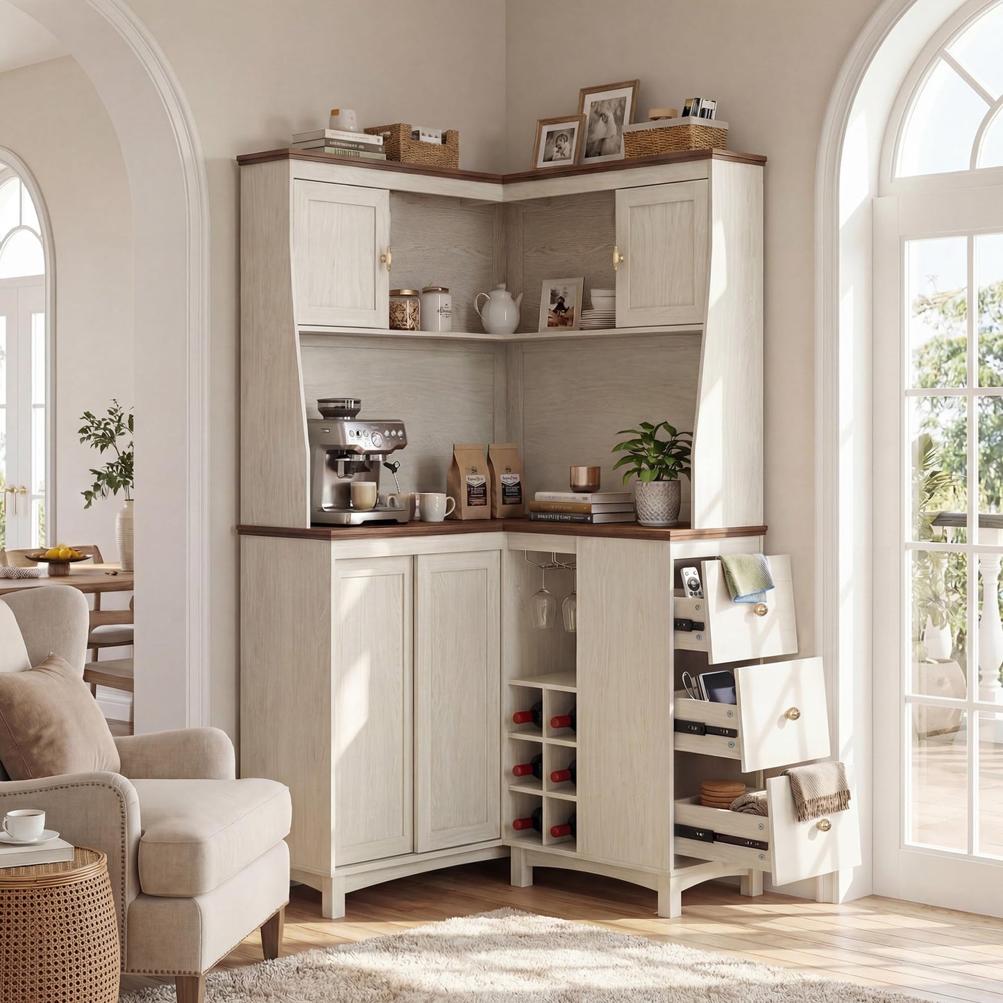 STO’Sense 71" Tall Corner Cabinet w/Charging Station,L-Shaped Kitchen Pantry Storage Cabinet w/3 Drawers,Countertop,Wine Rack,Shelves,Glass Holder&Sliding Door, Large Microwave Stand Hutch, Antique