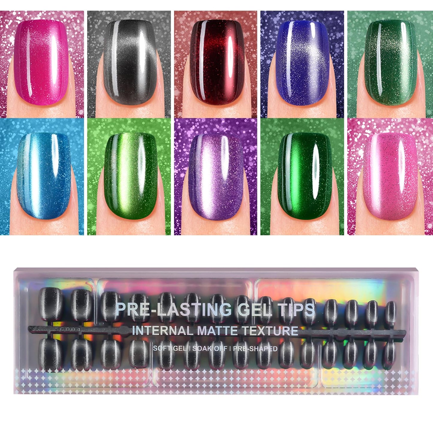 Plauva Cat Eye Press on Nails Short Square, 300Pcs Soft Gel Fake Nails, Glossy Glitter Cat Eye Nail Tips for Women and Girls Stick On Nails in 15 Sizes