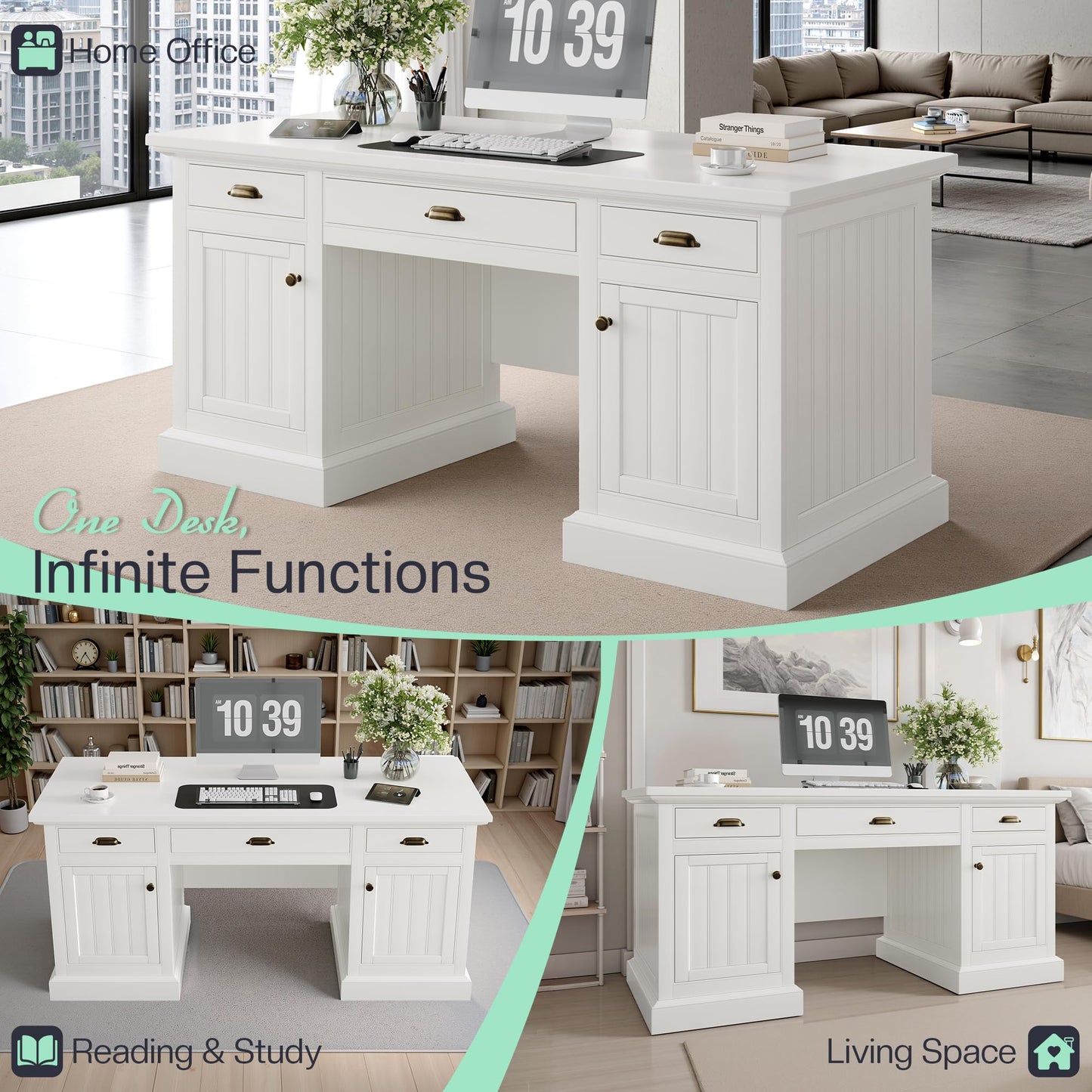 Jocisland 68" Executive Desk for Home Office & Study, Fluted Panel Computer Table with 3 Drawers and 2 Cabinets, Farmhouse Writing Desk – Pure White
