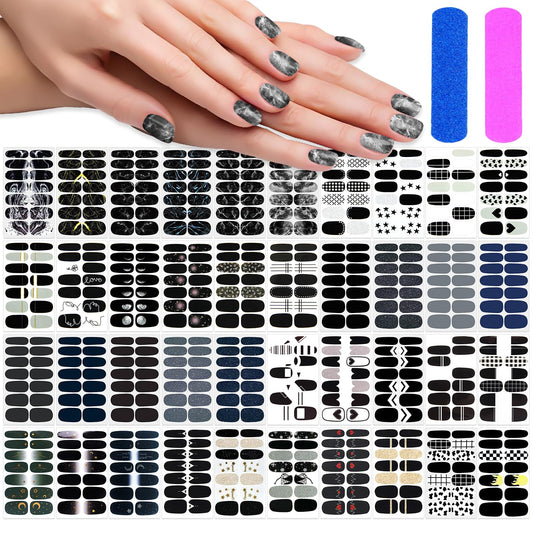 DANNEASY Black Nail Wraps Solid|Marble|French Tip Nail Polish Stickers for Women 40 Sheets, 560 Pieces, Self Adhesive Fingernail Sticker Nails with Nail File, Cuticle Stick