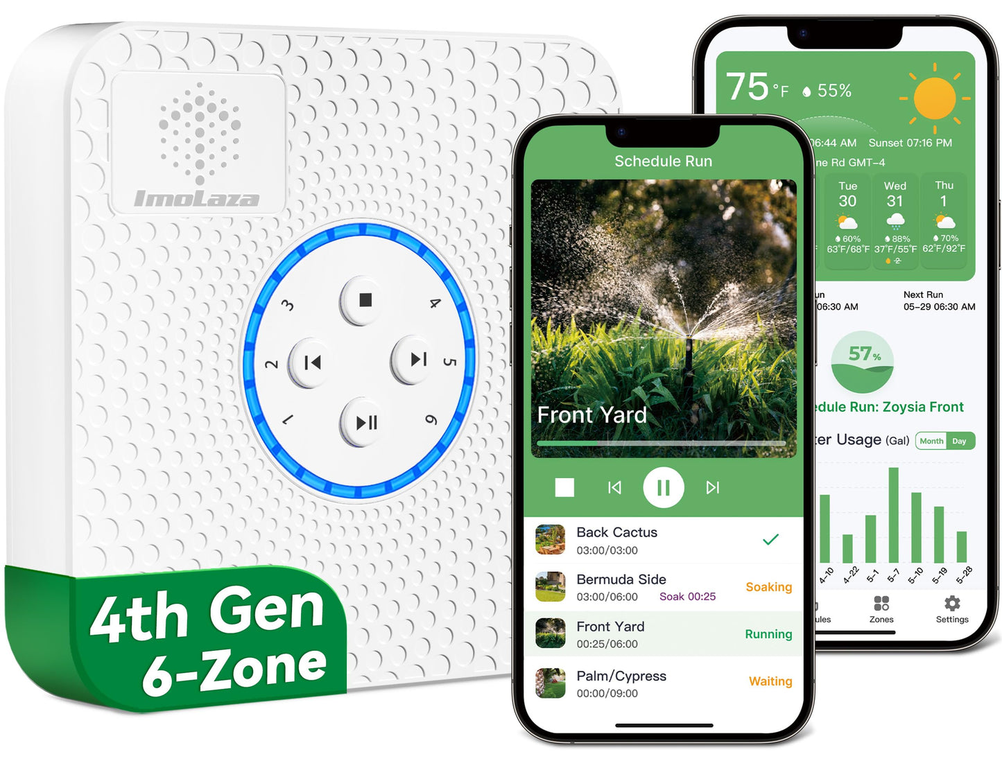 ImoLaza ET Master 4 Gen Smart Sprinkler Controller: Upgraded 6-Zone WiFi Irrigation Controller with Automated Watering, App Control, Smart Weather Skips and Fault Alerts