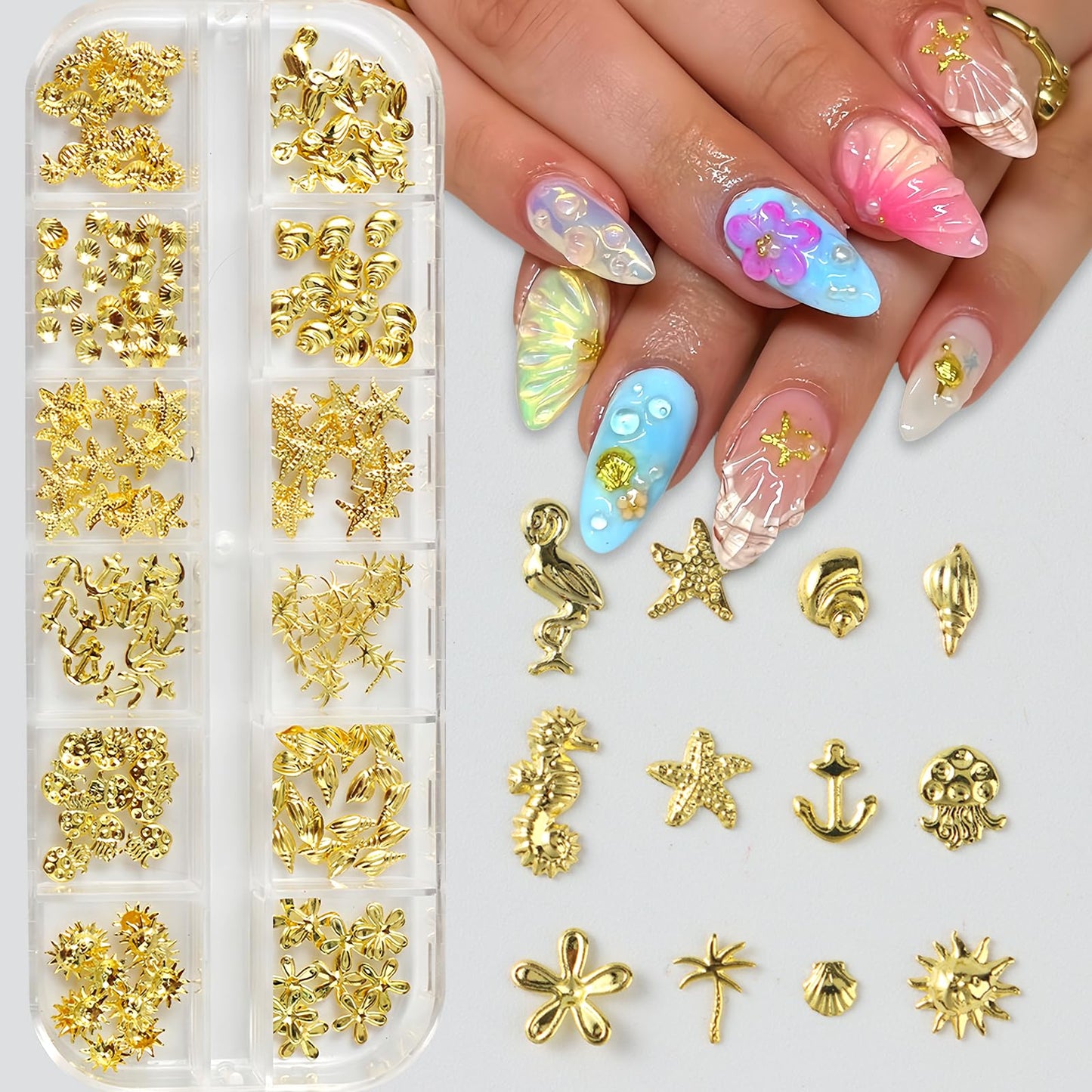Gold Nail Charms Summer Ocean 3D Metallic Sun Flower Seahorse Jellyfish Starfish Nail Rhinestones Alloy Shell Coconut Tree Nail Jewelry Mixed Style Metallic Nail Rivets Nails Supplies for Women