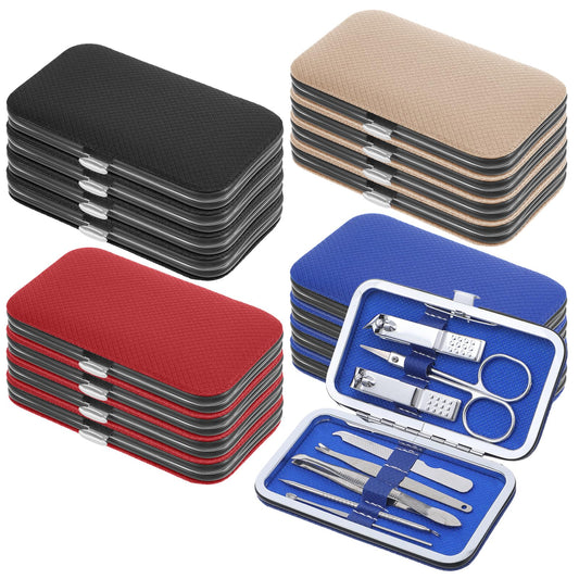 16 Pack Manicure Set Bulk – Professional 8-in-1 Stainless Steel Nail Clippers Kit with Travel Case, Grooming Pedicure Tools for Men & Women – Ideal Personal Care Gift (Black, Dark Red, Blue, Brown)
