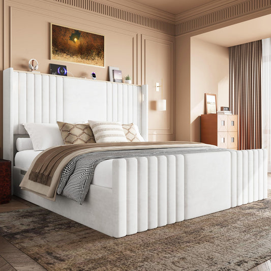 Uteeran King Size Bed Frame with 55.1" Tall Headboard, Velvet Upholstered Platform Bed with Channel Tufted Wingback, 2 Reading Lights/Storage Shelf/Charging Station/Easy Assembly/Noise-Free, Cream