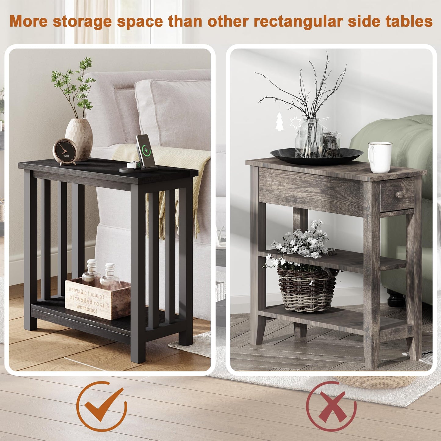 ChooChoo Mission End Tables Set of 2, Narrow Side Tables for Small Spaces, Night Stands with Storage Shelf for Living Room and Bedroom, Black