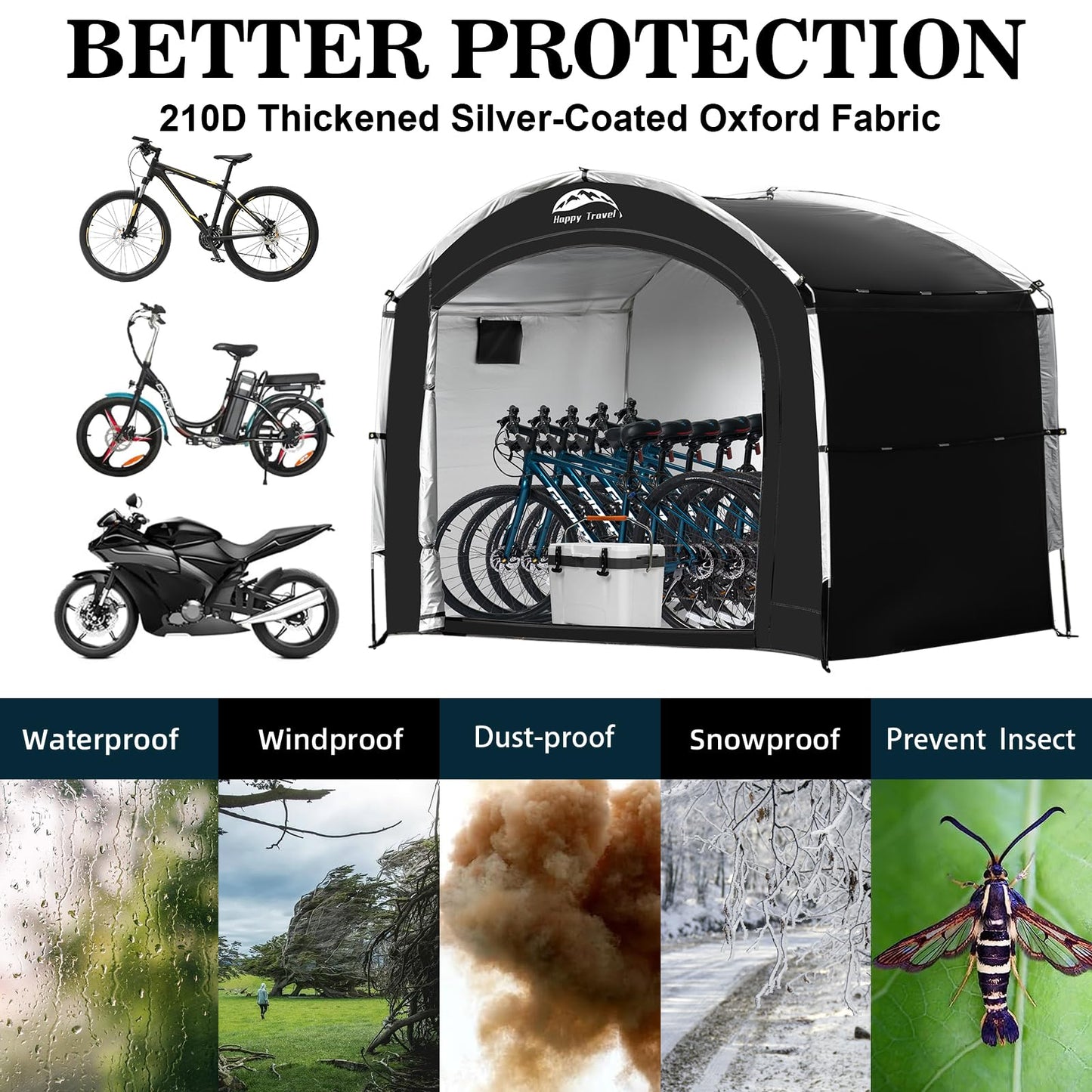 Happy Travel Bike Storage Tent Shed, Outdoor Waterproof Bicycle Covers Shelter with Window for 2/3/4/6/8 Bikes,Oversized Outside Portable Sheds for Lawn Mower,Garden Tools