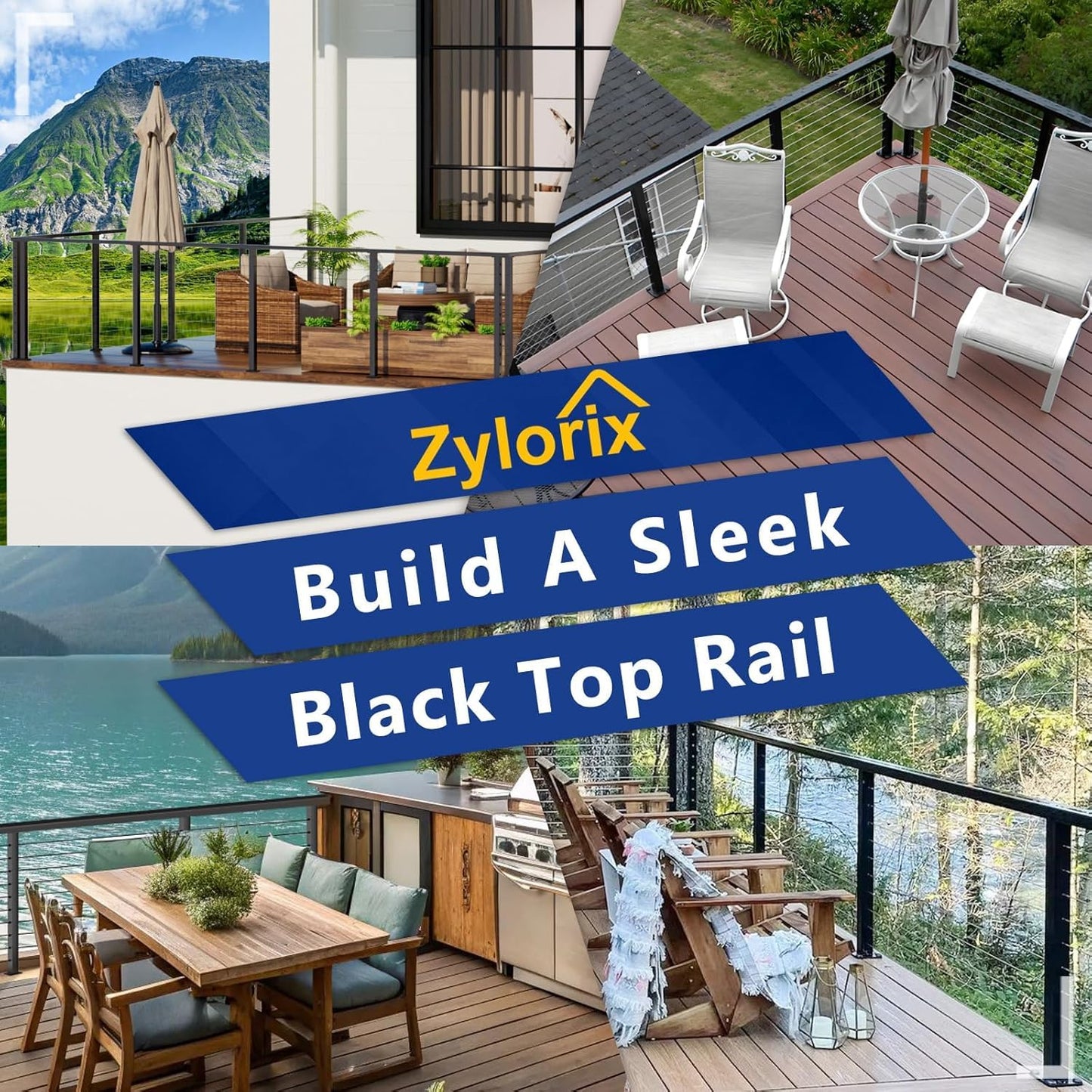 Zylorix 3Pack 10FT Aluminum Black Handrail for Lake House Deck Railing, 2.36" W X 1.18" H Cuttable Rectangular Flat Top Hand Rail for DIY Outdoor Deck Stair Cable Railing(Screws Included)