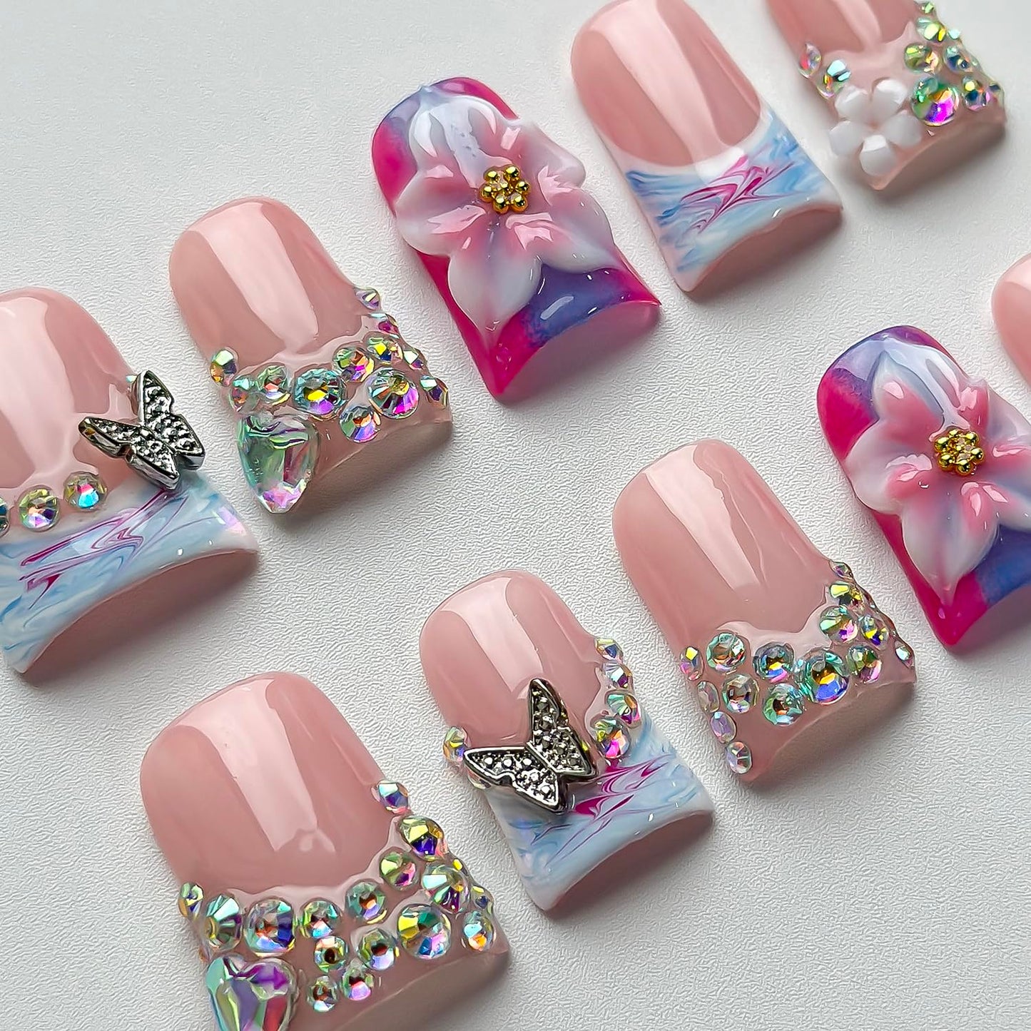 Luxury Press on Nails Short Duck Handmade 3D Unique Reusable ABS Material Fake Nails French Tip False Nails with Designs Flower Butterfly Blue Pink Glossy Glue on Nail Thick Acrylic Nail(S)