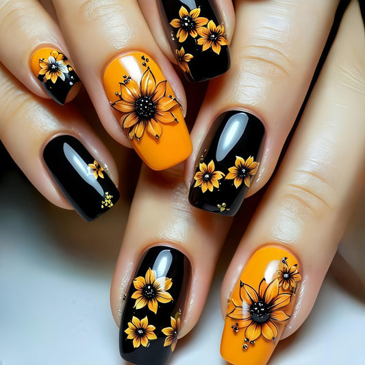24Pcs Black Press on Nails Medium Coffin Spring with Cute Sunflower Design Glossy Fake Nails Full Cover Orange Sunflower Acrylic Nails for Women Girls DIY Manicure Decorations