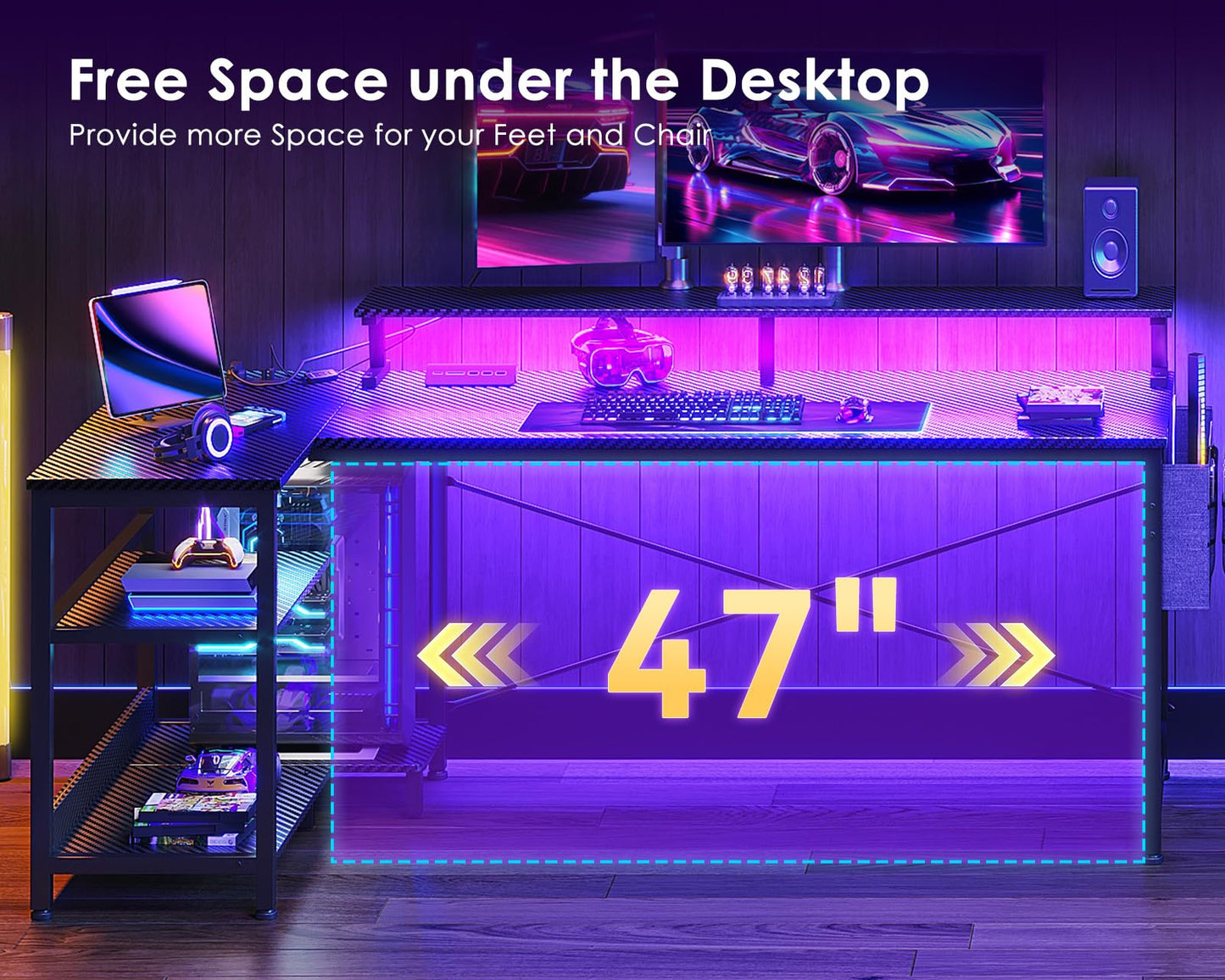 ODK 58 Inch Gaming Desk with USB Charging Ports and LED Lights, Reversible L Shaped Computer Desk with Storage Shelves & Monitor Stand, Corner Gamer Desk Table with Power Outlets, Black