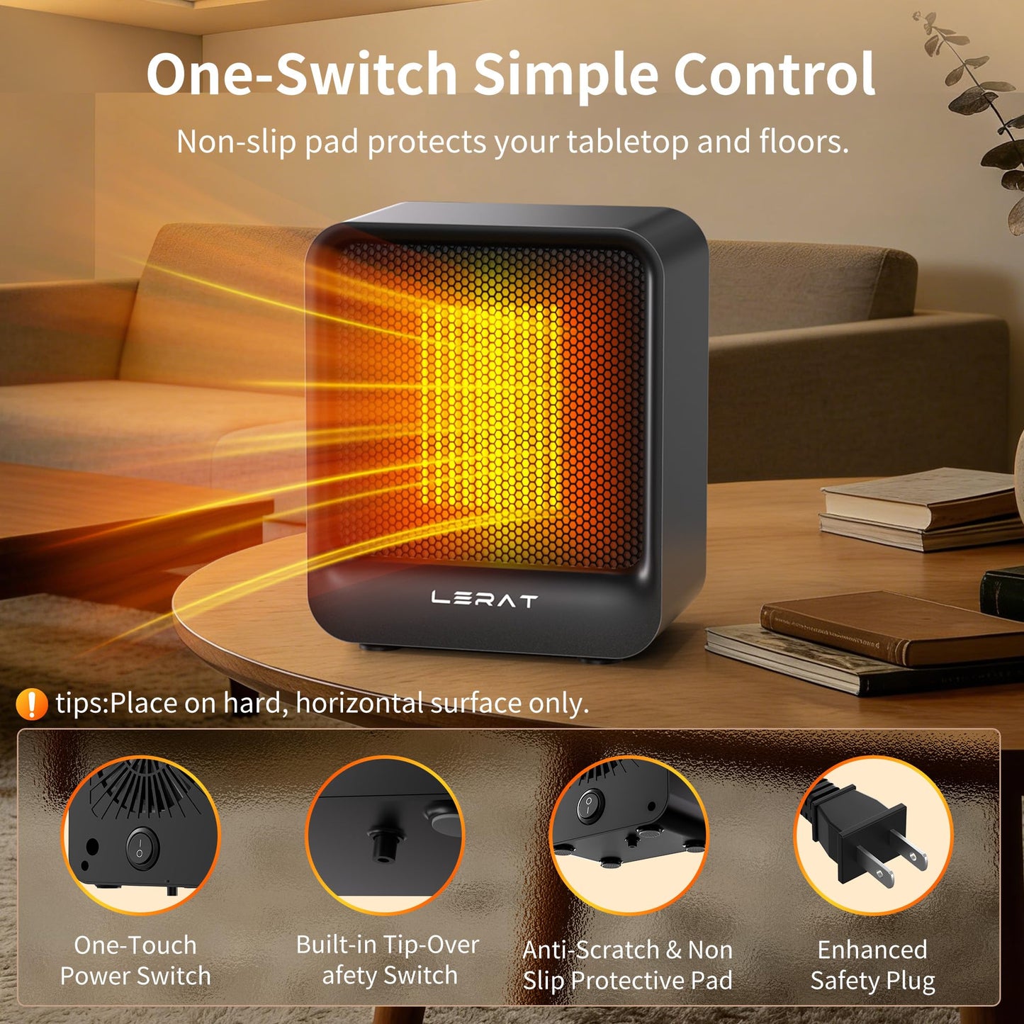 Lerat Mini Space Heater, 500W Quiet Electric Heaters for Indoor Use, Safe PTC Ceramic Desk Heater with Tip-Over & Overheat Protection, Small Portable Personal Fast Heating for Office Home Dorm Bedroom