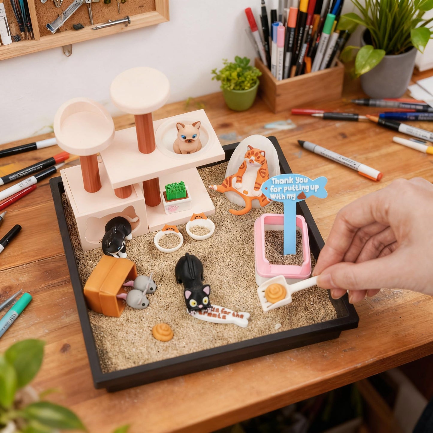 Tian Zhun Cat Lover Gifts for Women Adults Cat Mom Gifts Mini Zen Garden for Desk Cats Themed Gift Sand Tray Therapy Kit Sand Included