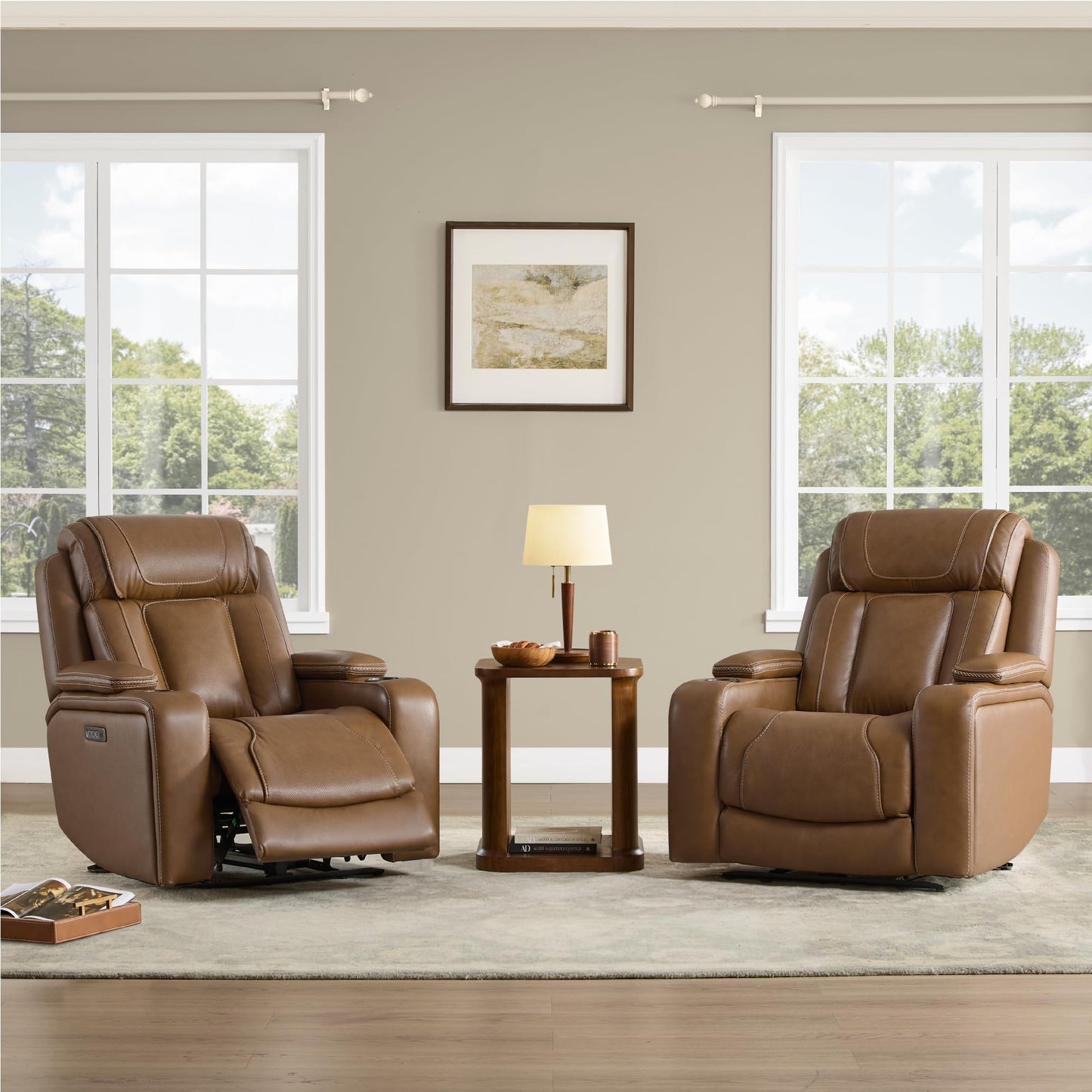 Watson & Whitely Genuine Leather Electric Recliner Chairs, Oversized Super Zero Gravity Recliner Triple-Motor W Adjustable Lumbar Headrest Support & Hidden Storage, Saddle Brown
