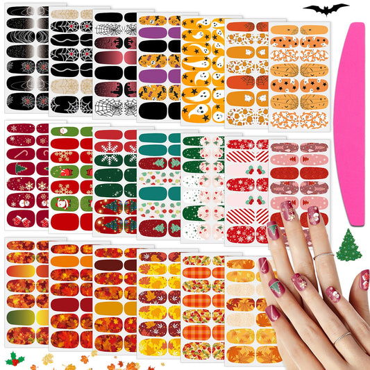 SILPECWEE 280 Pieces 20 Sheets Nail Stickers Full Nail Wraps (Halloween, Fall, Christmas) Nail Polish Strips Self Adhesive Gel Nails Strips Fingernail Manicure Sticker Decals for Women DIY Decoration