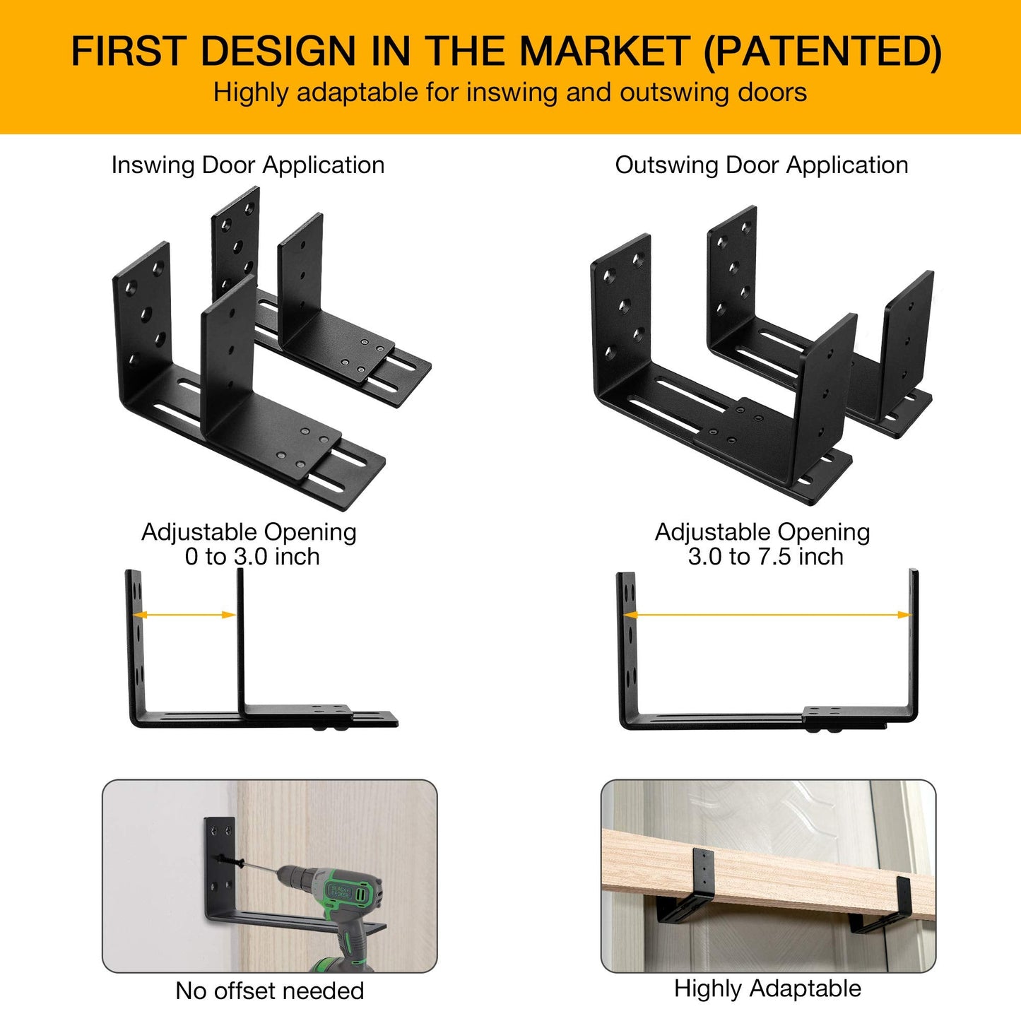 Adjustable Barricade Brackets (2pcs) - Drop Open Bar Holder for Security Door Reinforcement Steel U Bracket for Outswing and Inswing Doors or Gates