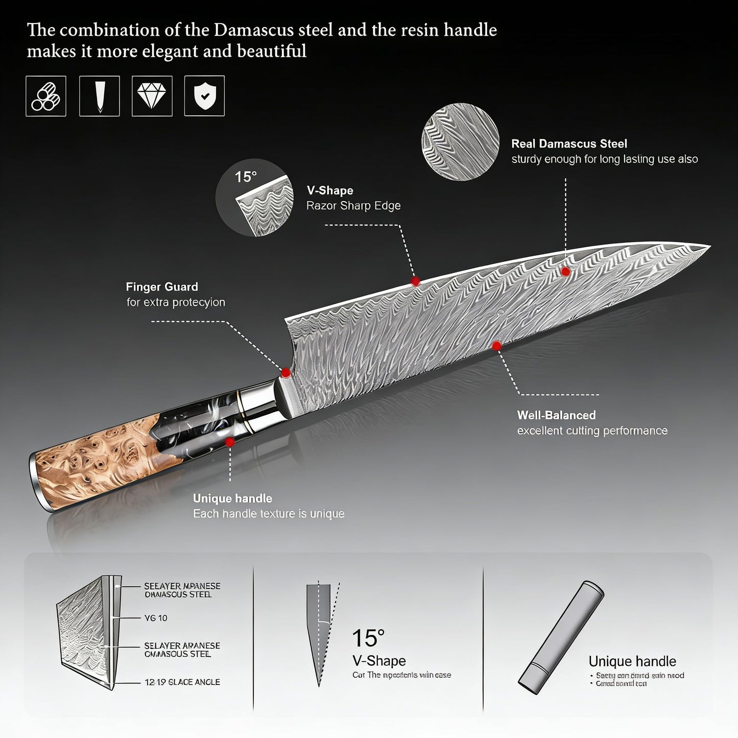 9 PCS Damascus Kitchen Knife Set - 67-Layer High-Carbon Damascus Steel, Pro Chef/Slicing/Utility/Paring Knives & Sharp Cleaver, Ergonomic Rosewood Handles, Ideal for Home/Pro Cooks (Black 9J)