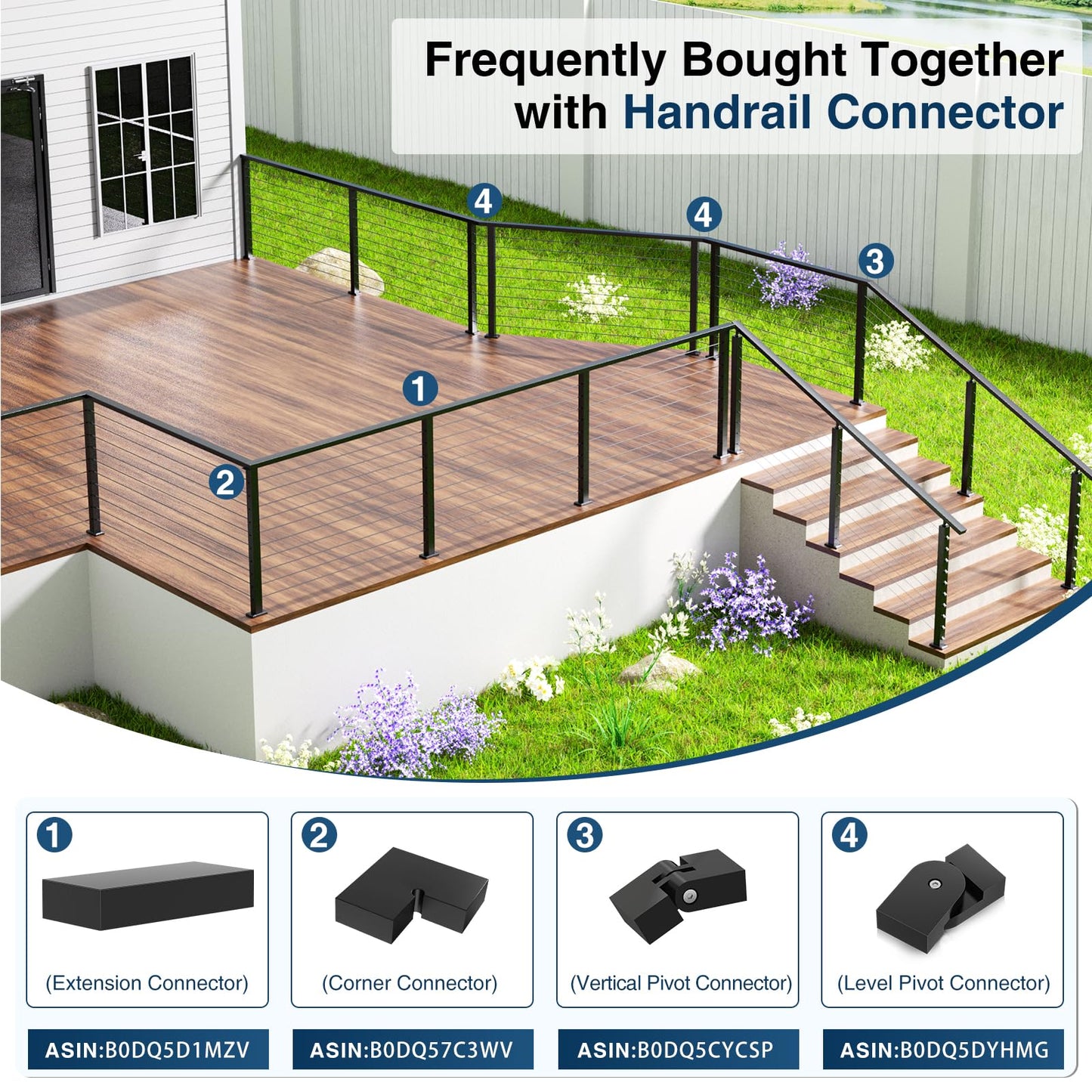 Gyykzz 12FT Stainless Steel T304 Black Handrail, 3 Pack Rectangular Cuttable Handrail Flat Top Rail 2-3/8"x1-3/16 with Nylon End Caps for Indoor Outdoor Deck Stair Cable Railing System DIY Balustrade
