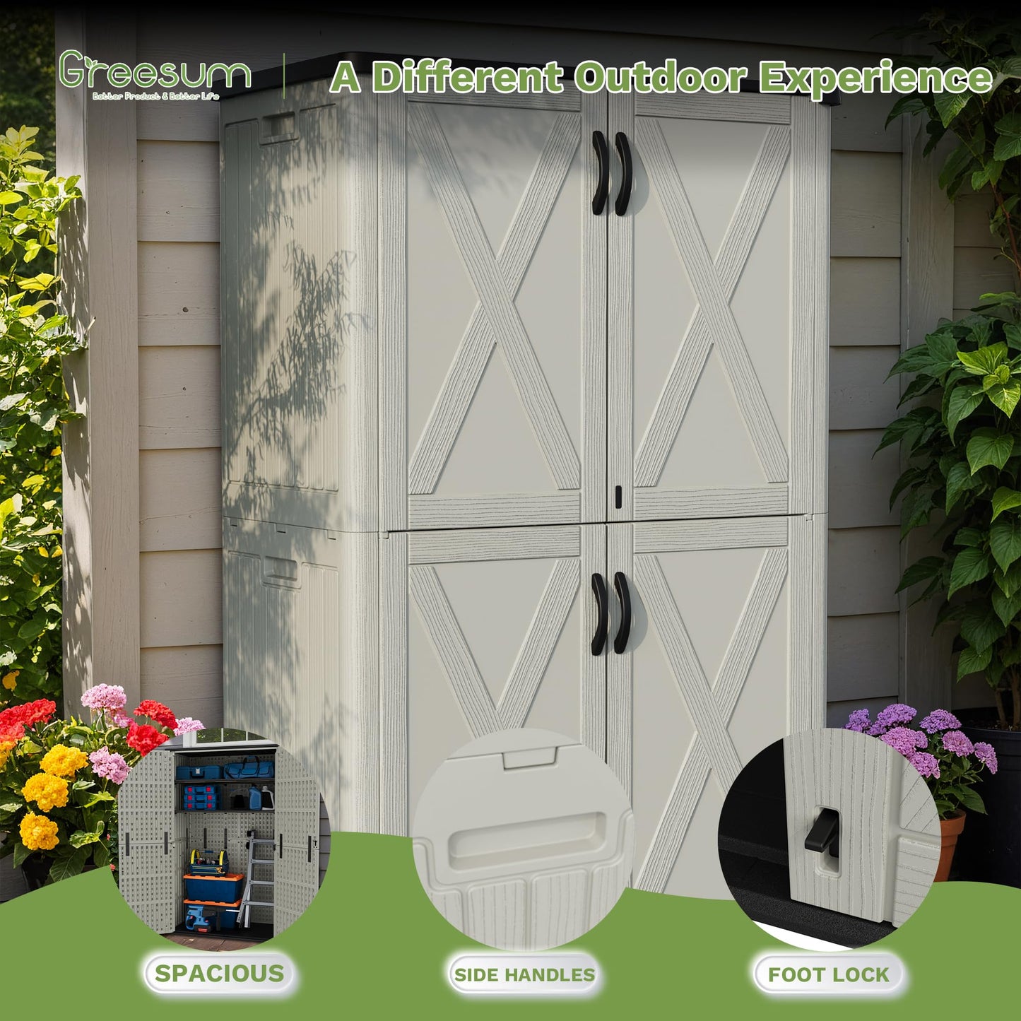 Greesum Outdoor Storage Cabinet, 50 Cu.Ft Deck Box Without Shelves, Waterproof Plastic Storage Bin for Patio Cushions, Gardening Tools, Lockable and Sidehandles, UV Resistant, Beige