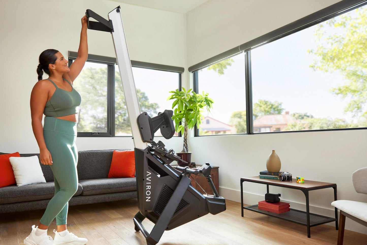 Aviron StrongGo Rowing Machine -Compatible with iPad—Dual Air & Magnetic Resistance Up to 100 lbs | Game-Based Workouts, Compact Storage Design