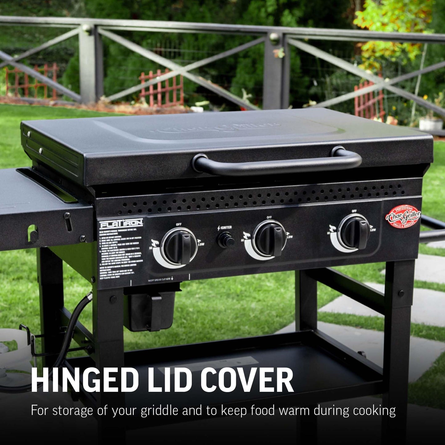 Char-Griller® Flat Iron 3-Burner Propane Gas Flat-Top Griddle with Steel Griddle Top, Hinged Lid and Wind Guards, 520 Cooking Square Inches in Black, Model 8428