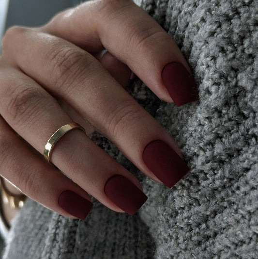 Matte Dark Red Press on Nails Short Square, Gel Nails Glue on 2025 Fall Colors Acrylic Nails Press ons Featured Protective Coat Thick Reusable Fake Nails 24Pcs Short Coffin Artificial Nails