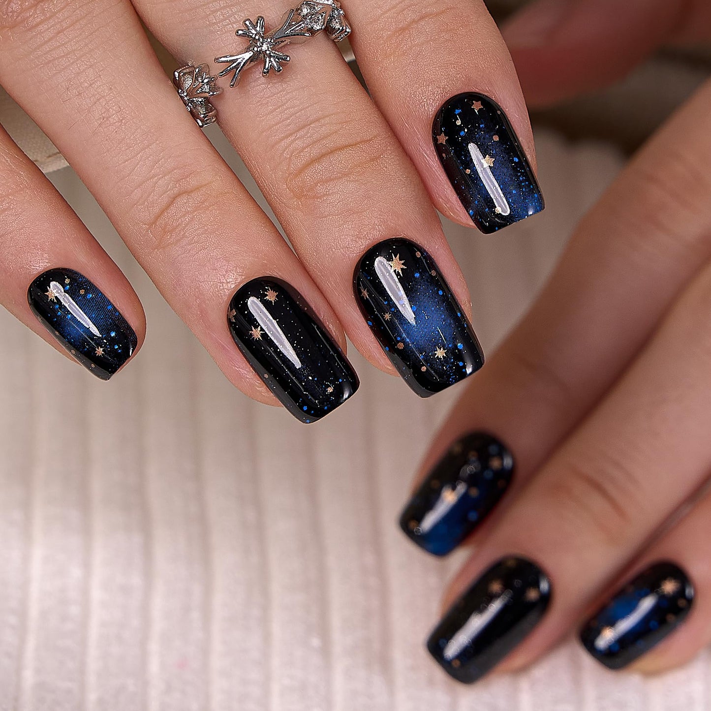 Curvlife Press On Nails - Acrylic False Nails Kit with Design, Full Coverage, Reusable Nails, Glue, Tabs, File - Artificial Nails (Starry Sky, Medium)